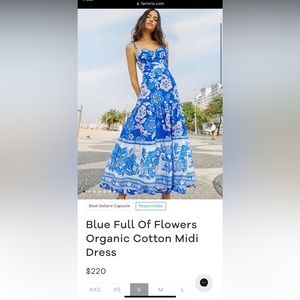 Farm Rio Blue Full Of Flowers Organic Cotton Midi Dress. Size small.
